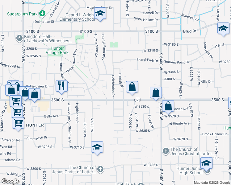 map of restaurants, bars, coffee shops, grocery stores, and more near 6657 Jubilee Way in West Valley City