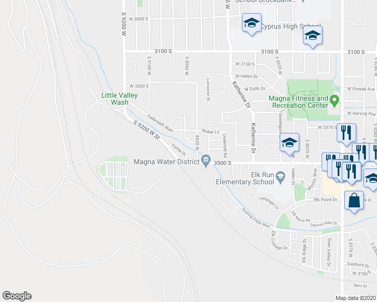 map of restaurants, bars, coffee shops, grocery stores, and more near 3408 Leonidas Drive in Magna
