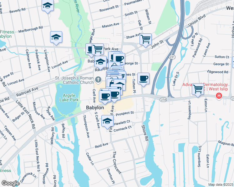 map of restaurants, bars, coffee shops, grocery stores, and more near 90 Deer Park Avenue in Babylon