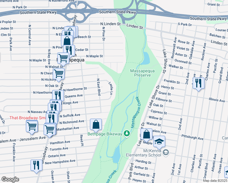 map of restaurants, bars, coffee shops, grocery stores, and more near 29 Leslie Lane in Massapequa