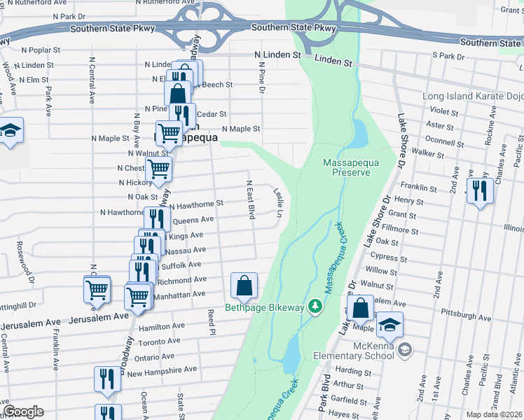 map of restaurants, bars, coffee shops, grocery stores, and more near 143 Northeast Boulevard in North Massapequa