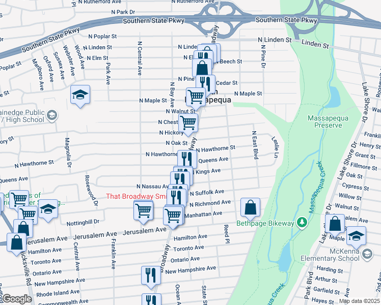 map of restaurants, bars, coffee shops, grocery stores, and more near 205 North Oak Street in Massapequa