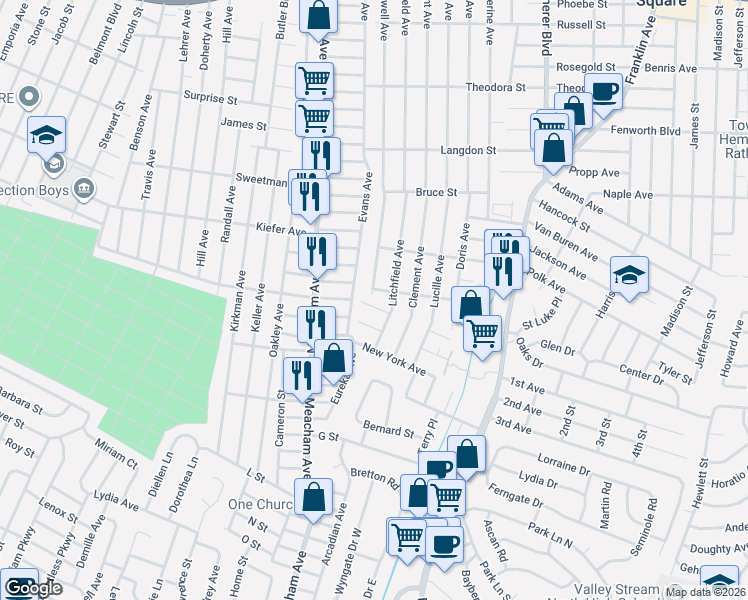 map of restaurants, bars, coffee shops, grocery stores, and more near 367 Evans Avenue in Elmont