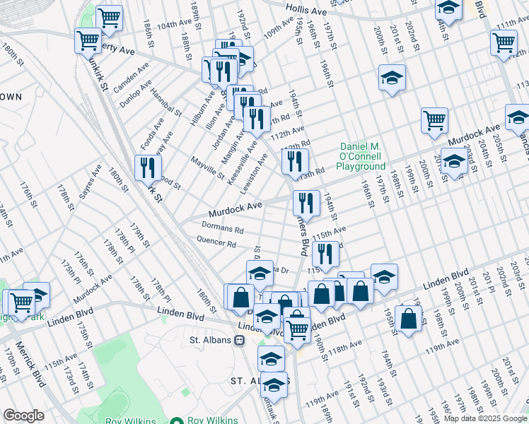 map of restaurants, bars, coffee shops, grocery stores, and more near 189-02 113th Avenue in Queens