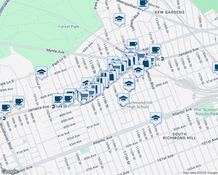 map of restaurants, bars, coffee shops, grocery stores, and more near 112-19 Jamaica Avenue in Queens