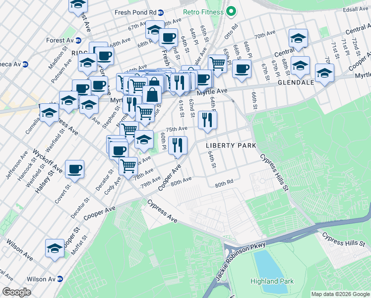 map of restaurants, bars, coffee shops, grocery stores, and more near in Queens