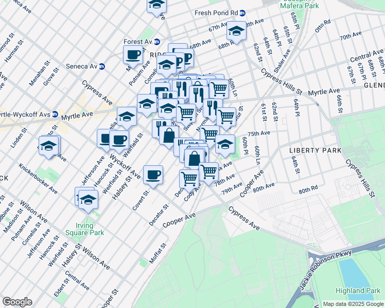 map of restaurants, bars, coffee shops, grocery stores, and more near 17-33 Norman Street in Queens