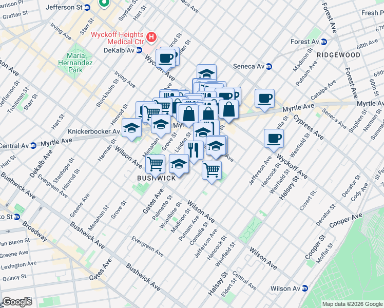 map of restaurants, bars, coffee shops, grocery stores, and more near in Brooklyn