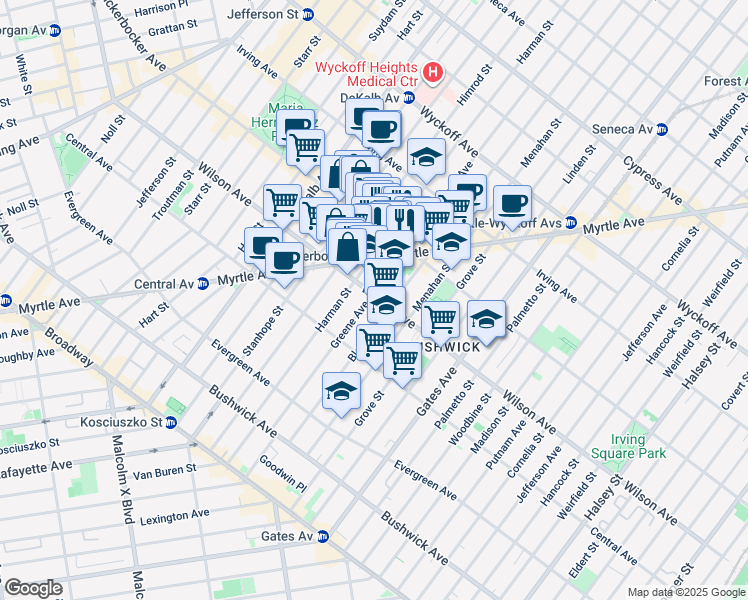 map of restaurants, bars, coffee shops, grocery stores, and more near 1285 Greene Avenue in Brooklyn
