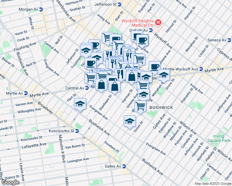 map of restaurants, bars, coffee shops, grocery stores, and more near 132A Stanhope Street in Brooklyn