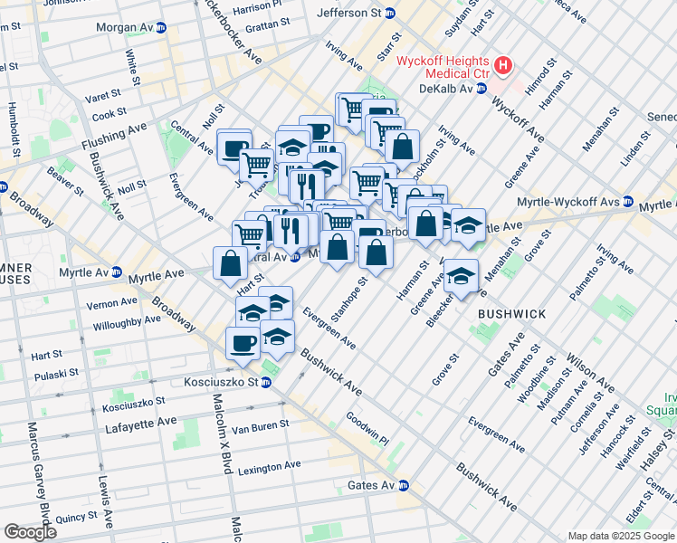 map of restaurants, bars, coffee shops, grocery stores, and more near 89 Cedar Street in Brooklyn