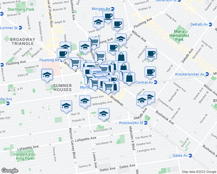 map of restaurants, bars, coffee shops, grocery stores, and more near 34 Melrose Street in Brooklyn