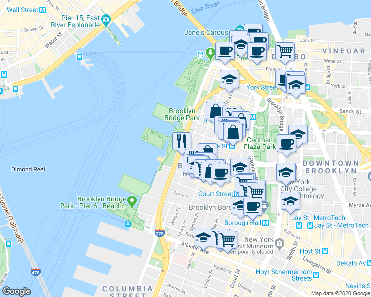 map of restaurants, bars, coffee shops, grocery stores, and more near 147 Columbia Heights in Brooklyn