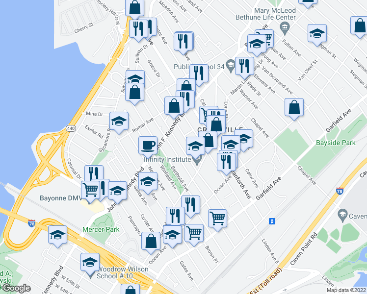 map of restaurants, bars, coffee shops, grocery stores, and more near 65 Greenville Avenue in Jersey City