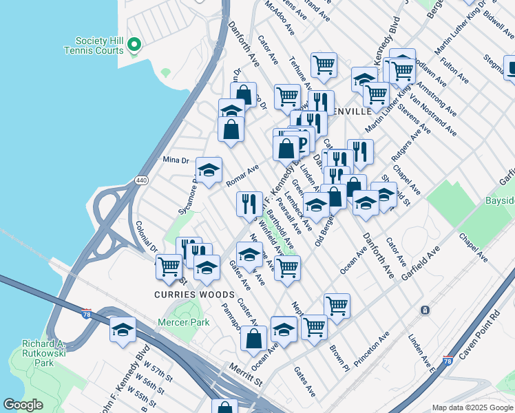 map of restaurants, bars, coffee shops, grocery stores, and more near 1657 John F. Kennedy Boulevard in Jersey City