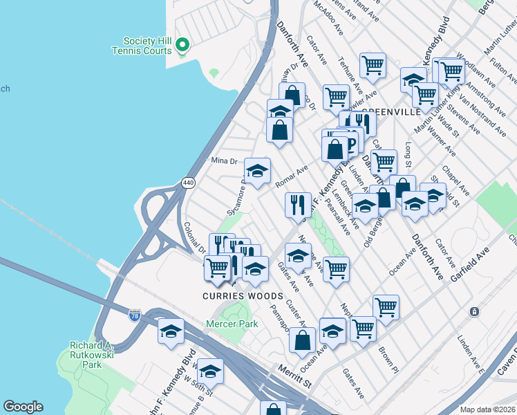 map of restaurants, bars, coffee shops, grocery stores, and more near 16 Romar Avenue in Jersey City
