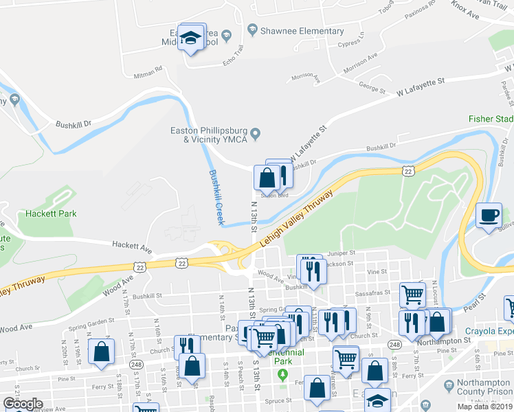 map of restaurants, bars, coffee shops, grocery stores, and more near 673 North 13th Street in Easton