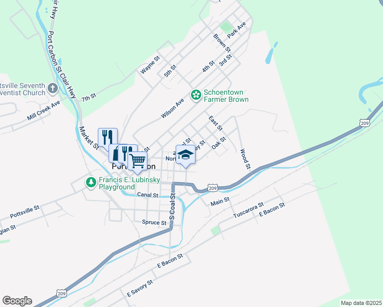 map of restaurants, bars, coffee shops, grocery stores, and more near 346 Coal Street in Port Carbon