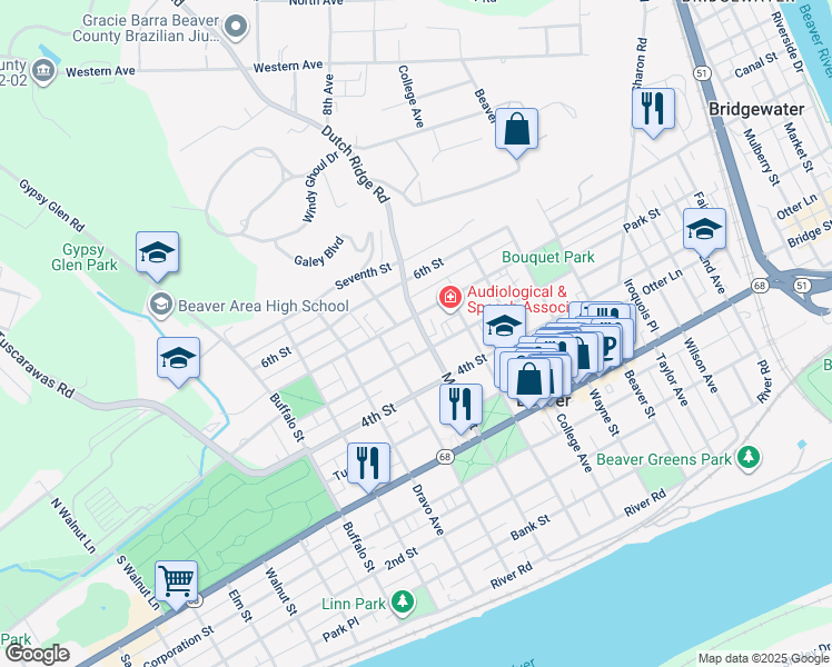 map of restaurants, bars, coffee shops, grocery stores, and more near 800 5th Street in Beaver