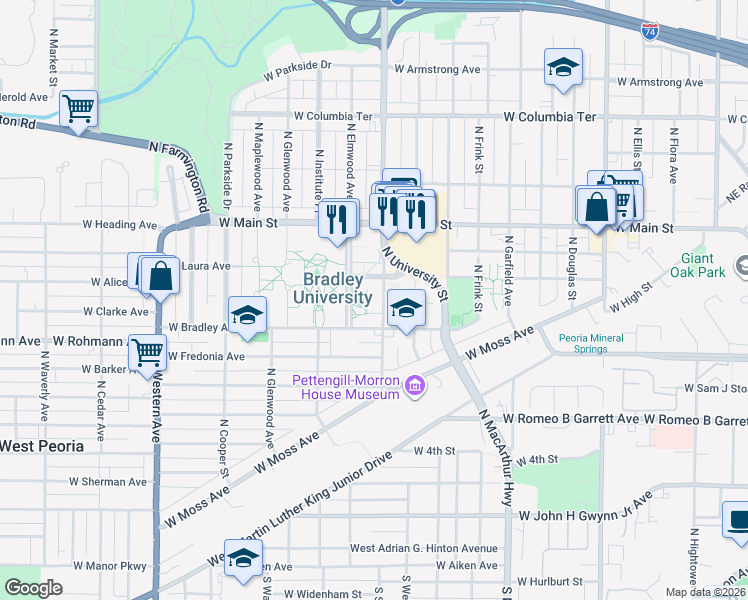 map of restaurants, bars, coffee shops, grocery stores, and more near 832 North Duryea Place in Peoria