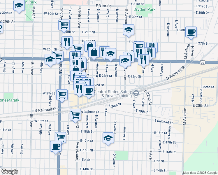 map of restaurants, bars, coffee shops, grocery stores, and more near 2200-2298 Ave D in Kearney