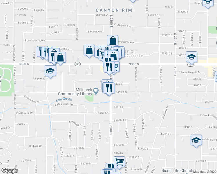 map of restaurants, bars, coffee shops, grocery stores, and more near 3412 South 2300 East in Salt Lake City