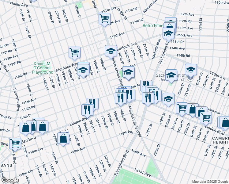 map of restaurants, bars, coffee shops, grocery stores, and more near 115-56 Francis Lewis Boulevard in Queens