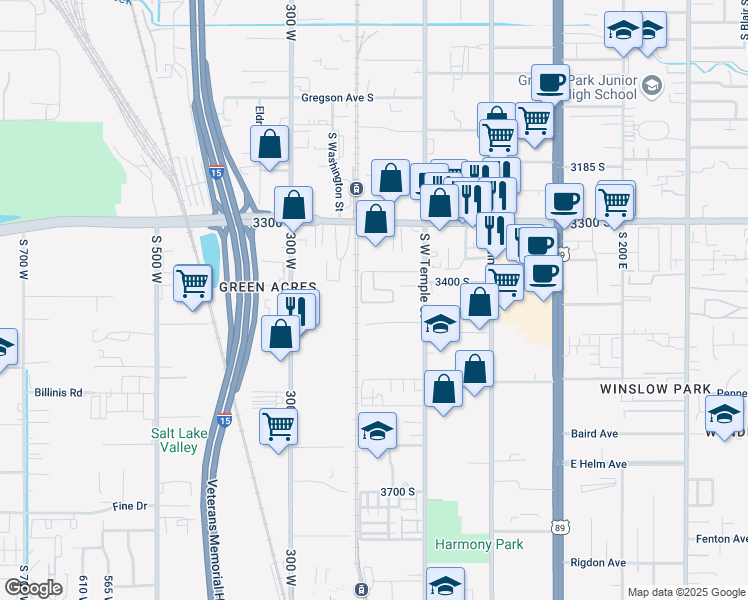 map of restaurants, bars, coffee shops, grocery stores, and more near 176 Finlay Drive in South Salt Lake