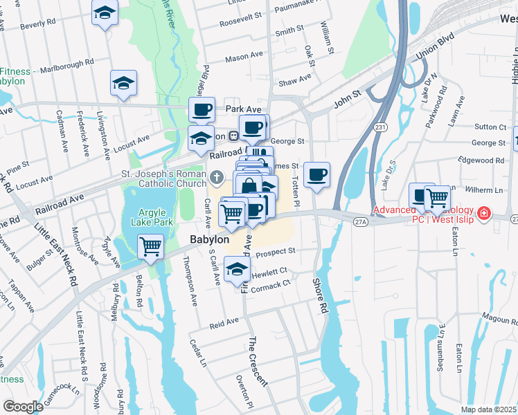 map of restaurants, bars, coffee shops, grocery stores, and more near 90 Deer Park Avenue in Babylon