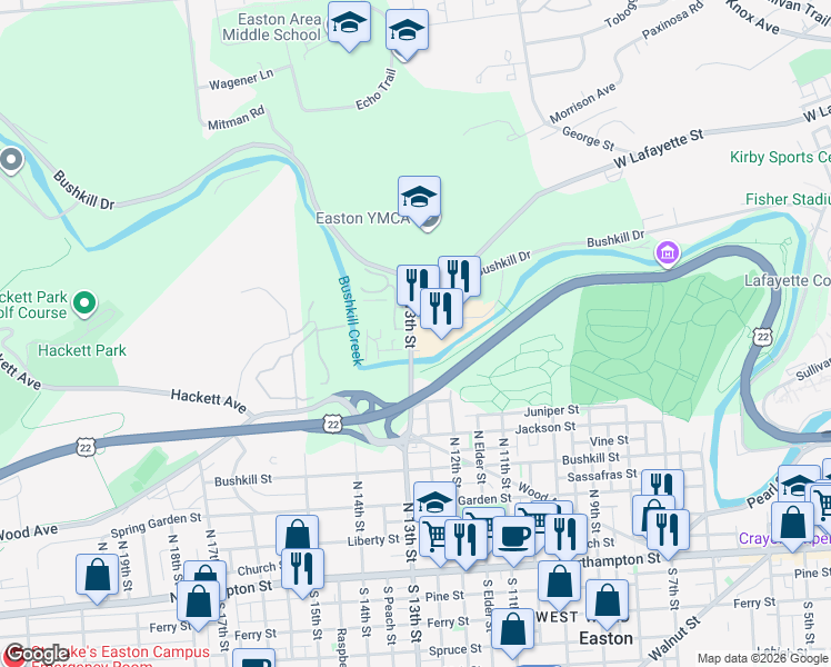 map of restaurants, bars, coffee shops, grocery stores, and more near 673 North 13th Street in Easton