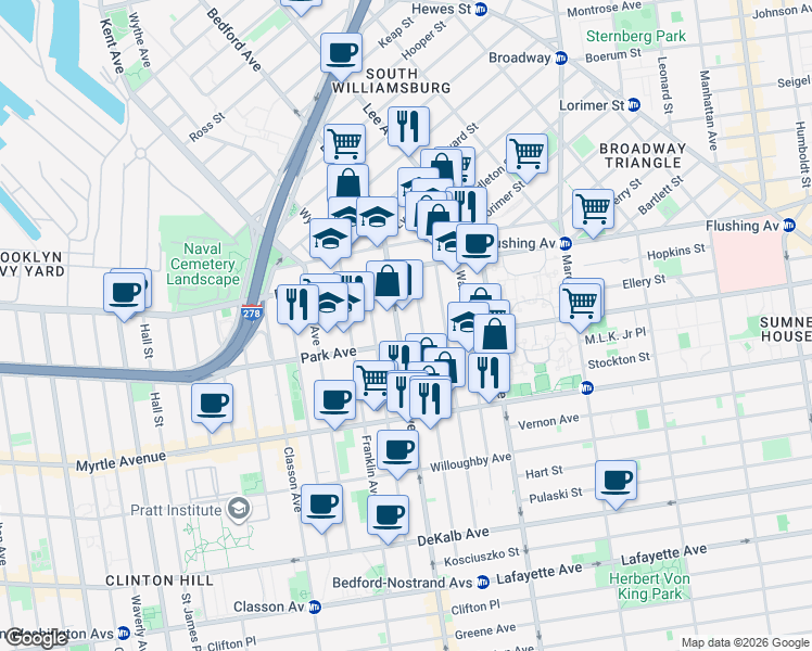 map of restaurants, bars, coffee shops, grocery stores, and more near 26 Spencer Street in Brooklyn