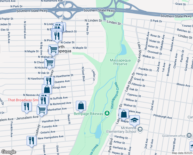 map of restaurants, bars, coffee shops, grocery stores, and more near 29 Leslie Lane in Massapequa
