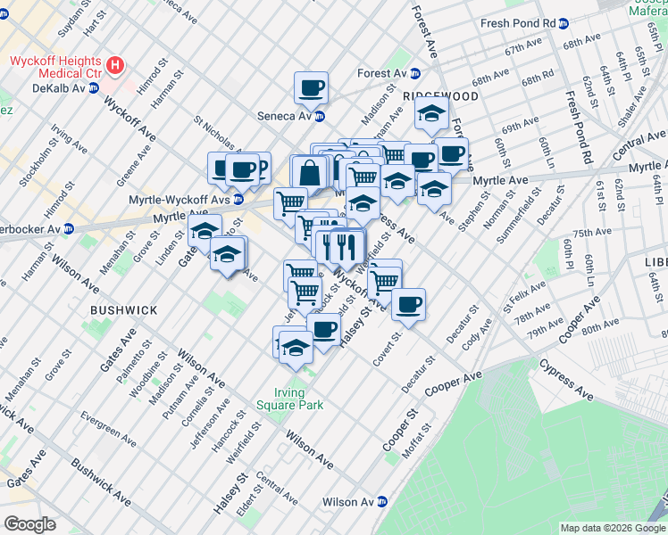 map of restaurants, bars, coffee shops, grocery stores, and more near 16-25 Hancock Street in Queens