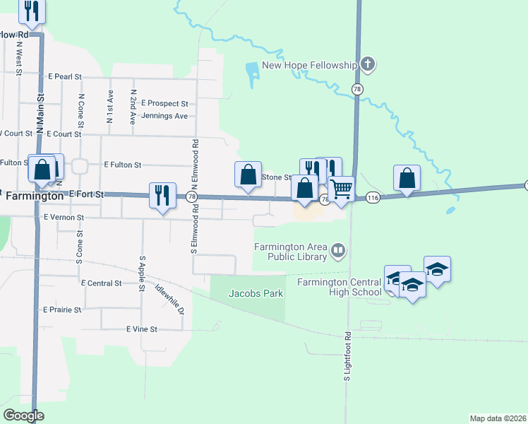 map of restaurants, bars, coffee shops, grocery stores, and more near 801-865 East Fort Street in Farmington