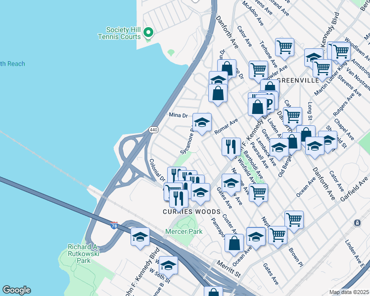 map of restaurants, bars, coffee shops, grocery stores, and more near 72 Sycamore Road in Jersey City