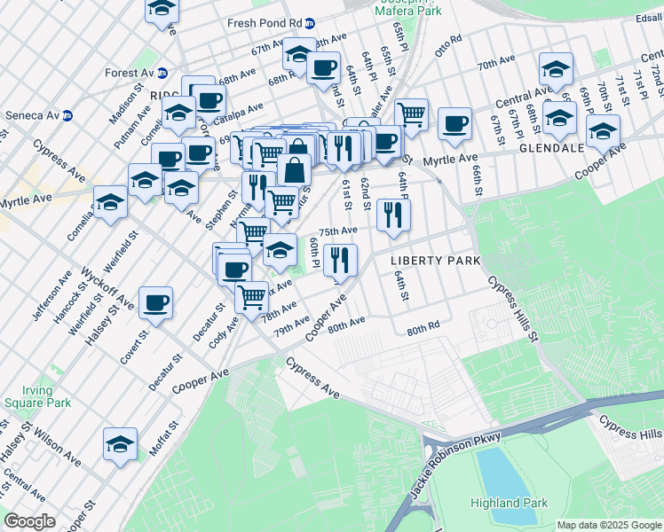 map of restaurants, bars, coffee shops, grocery stores, and more near in Queens