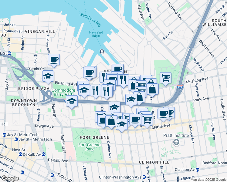 map of restaurants, bars, coffee shops, grocery stores, and more near 16 Clermont Avenue in Brooklyn