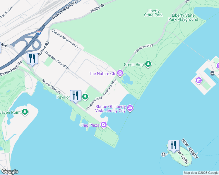 map of restaurants, bars, coffee shops, grocery stores, and more near Freedom Way in Jersey City