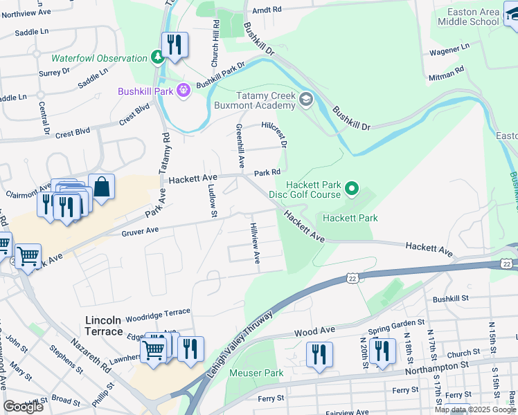 map of restaurants, bars, coffee shops, grocery stores, and more near 2025 Hackett Avenue in Easton