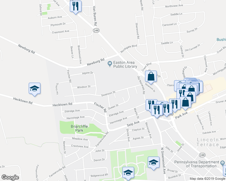 map of restaurants, bars, coffee shops, grocery stores, and more near 2729 Swanson Street in Easton