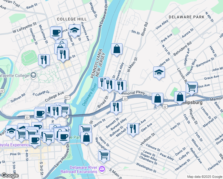 map of restaurants, bars, coffee shops, grocery stores, and more near 80 Broad Street in Phillipsburg