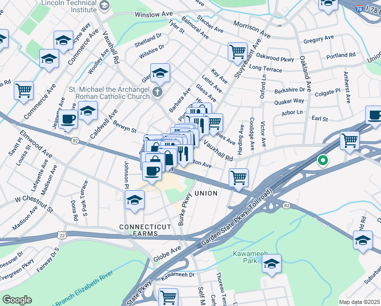 map of restaurants, bars, coffee shops, grocery stores, and more near 1059 Stowe Street in Union