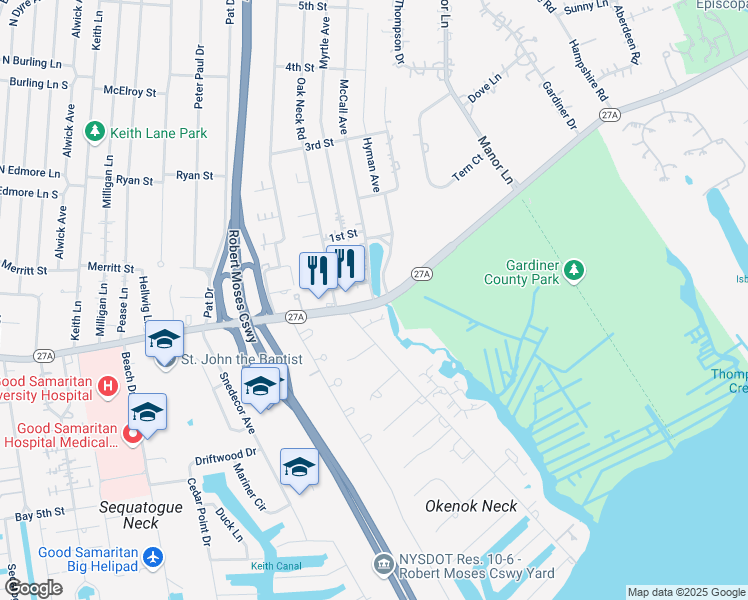map of restaurants, bars, coffee shops, grocery stores, and more near 3 McCall Avenue in West Islip