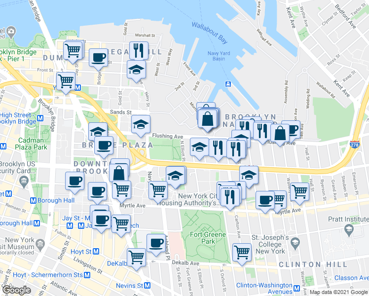 map of restaurants, bars, coffee shops, grocery stores, and more near 27 North Elliott Place in Brooklyn