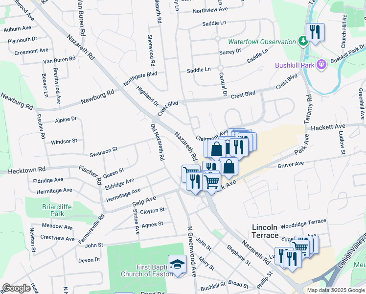 map of restaurants, bars, coffee shops, grocery stores, and more near 2507 Swanson Street in Easton