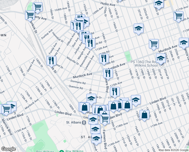 map of restaurants, bars, coffee shops, grocery stores, and more near 189-02 113th Avenue in Queens