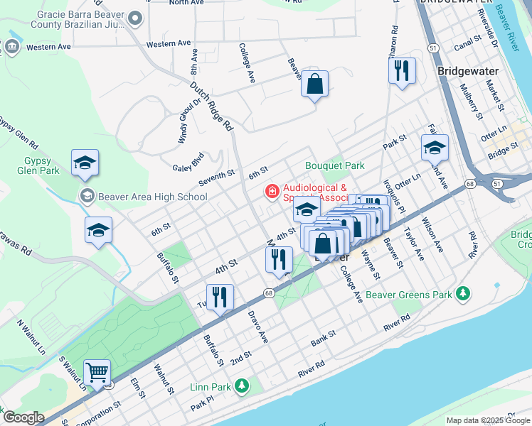 map of restaurants, bars, coffee shops, grocery stores, and more near 701 5th Street in Beaver