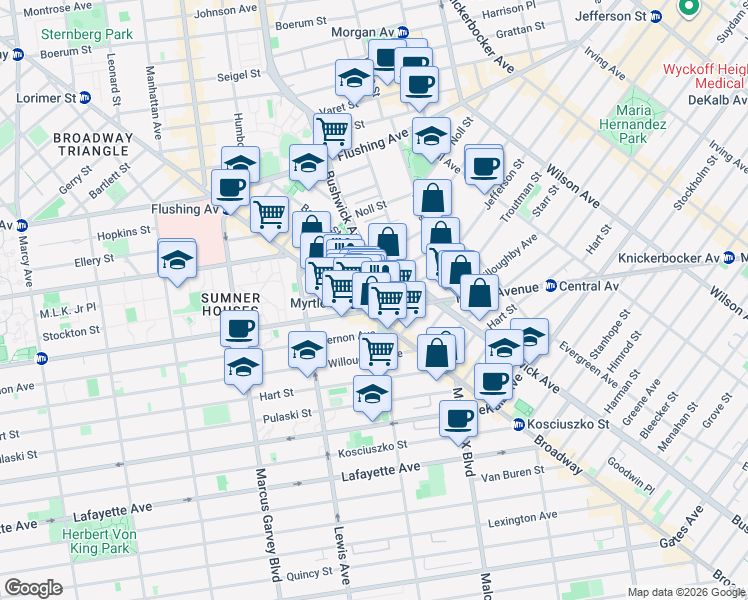 map of restaurants, bars, coffee shops, grocery stores, and more near 34 Melrose Street in Brooklyn