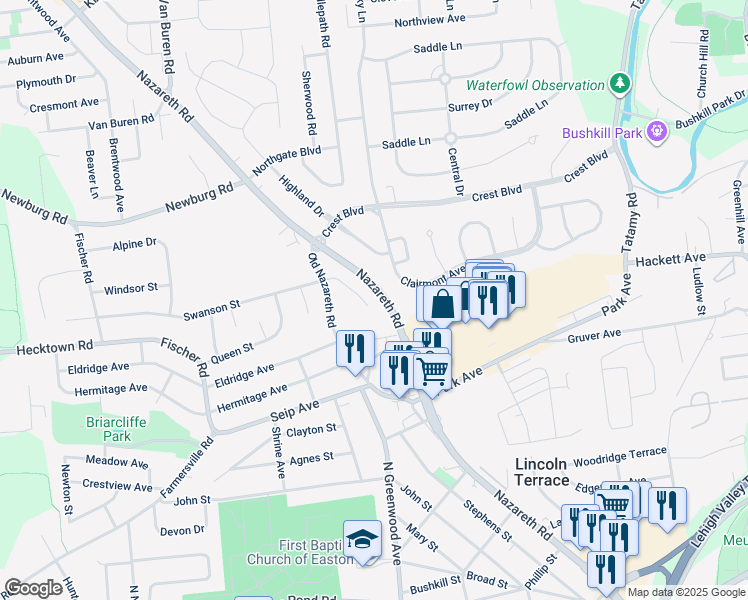 map of restaurants, bars, coffee shops, grocery stores, and more near 2507 Swanson Street in Easton