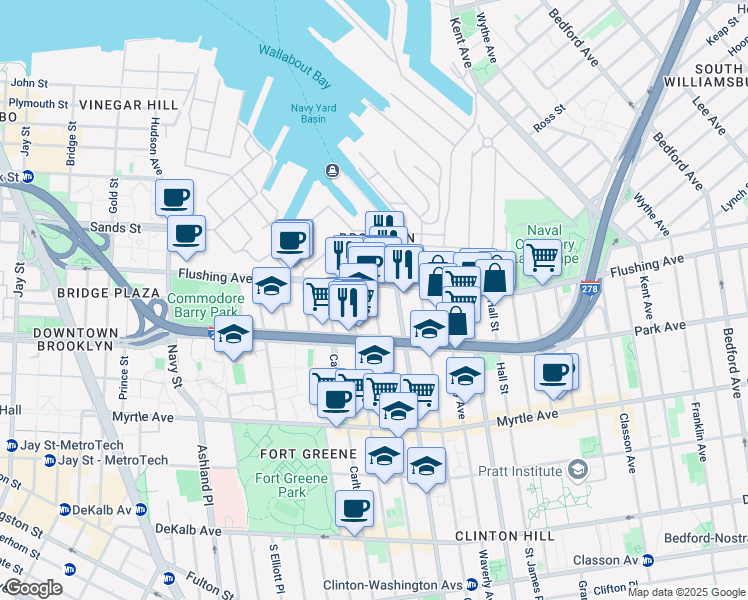 map of restaurants, bars, coffee shops, grocery stores, and more near 16 Clermont Avenue in Brooklyn
